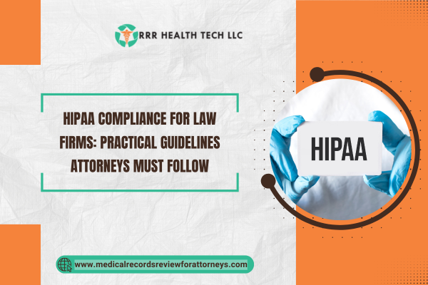 Visual guide stressing the importance of HIPAA compliance and adherence for law firms, featuring a card labeled HIPAA.