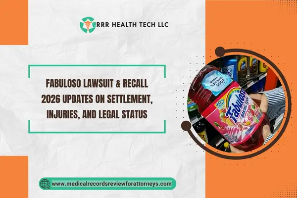 Bottle of Fabuloso cleaner held in a store aisle with text about 2026 Fabuloso lawsuit and recall updates on injuries and legal status.