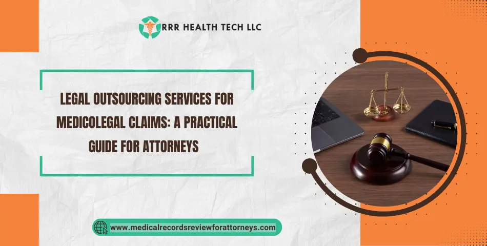 Presentation cover showing legal outsourcing services for medicolegal claims and featuring a gavel.