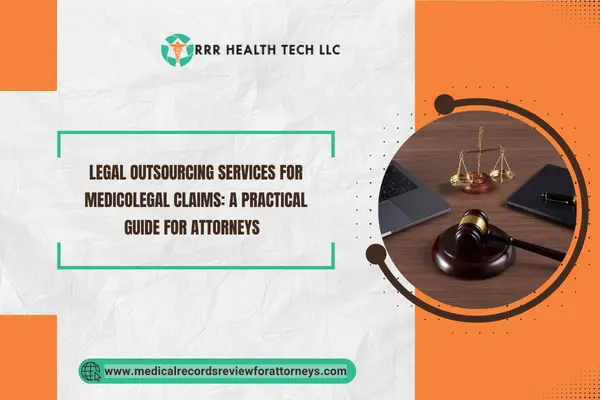 Presentation cover showing legal outsourcing services for medicolegal claims and featuring a gavel.