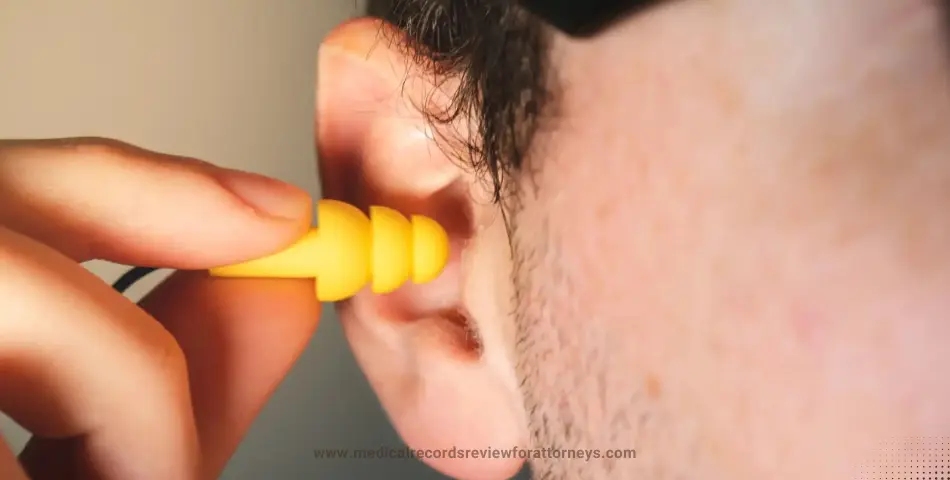 | Person inserting a yellow combat earplug into their ear, representing 3M earplug lawsuit claim form and veteran hearing loss cases
