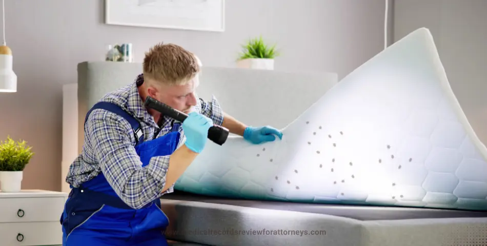 | Pest control technician with flashlight inspecting mattress for bed bugs, representing bed bug settlements and infestation claims