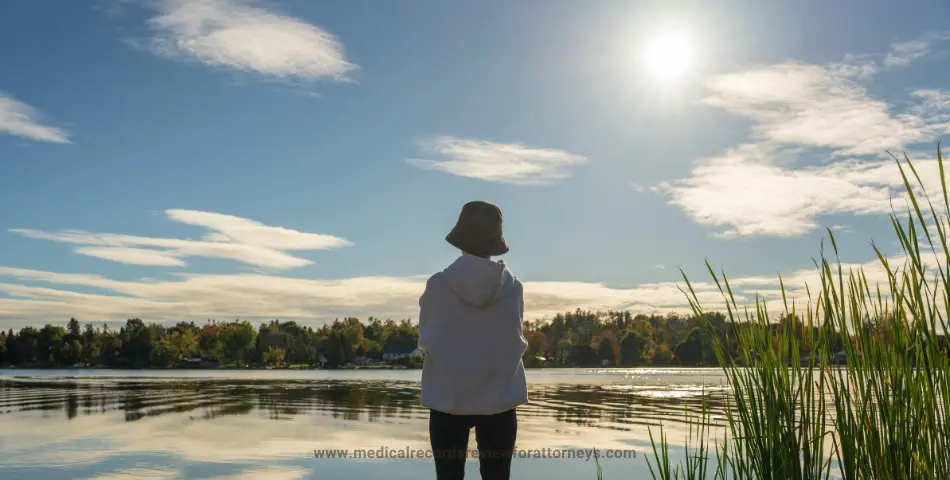 Person standing by a sunny lakeside gazing at bright daylight, representing the legal maze of daylight saving time and its implications