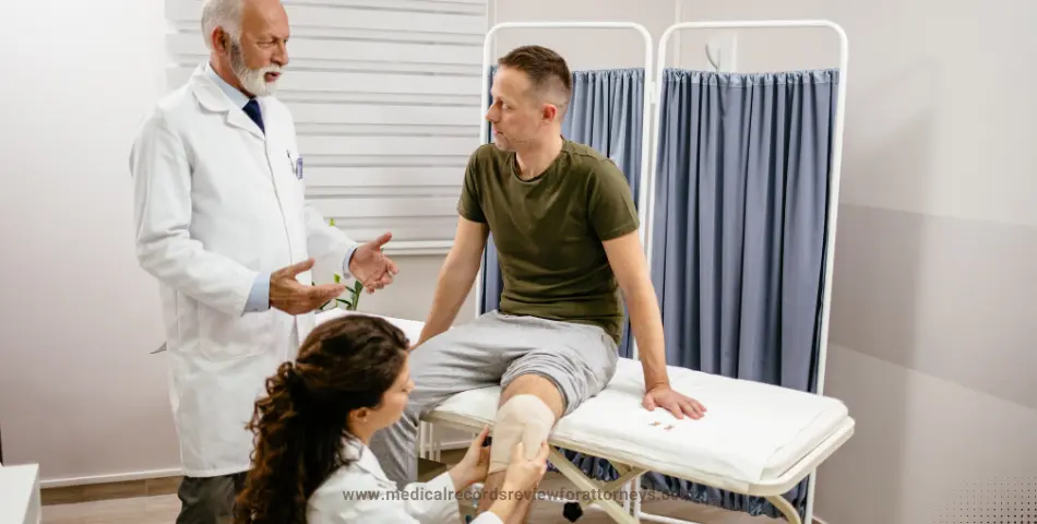 Doctor and nurse examining a male patient's injured knee on a medical table, representing medical examinations in personal injury cases