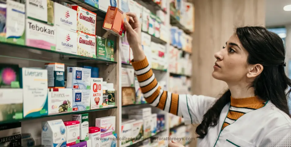 Female pharmacist selecting medication from a fully stocked pharmacy shelf, representing pharmacy errors and medication malpractice claims