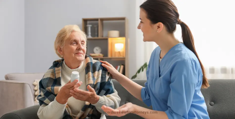 Nurse in blue scrubs assisting an elderly woman holding a medication bottle, representing residents in nursing homes and their care needs