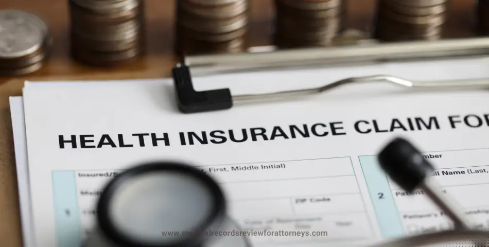 Health insurance claim form with magnifying glass and stacked coins on a desk, representing medical records review in health insurance claims