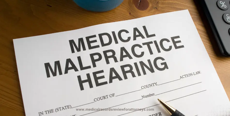 Medical malpractice hearing court document with a pen on a wooden desk, representing types of medical malpractice and legal proceedings