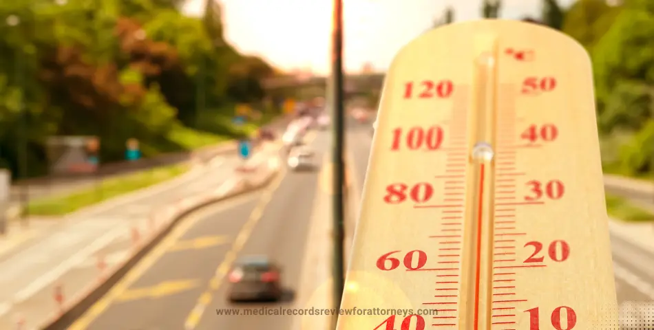 High temperature thermometer in front of a busy highway in summer heat, representing summer injury accidents and liability claims
