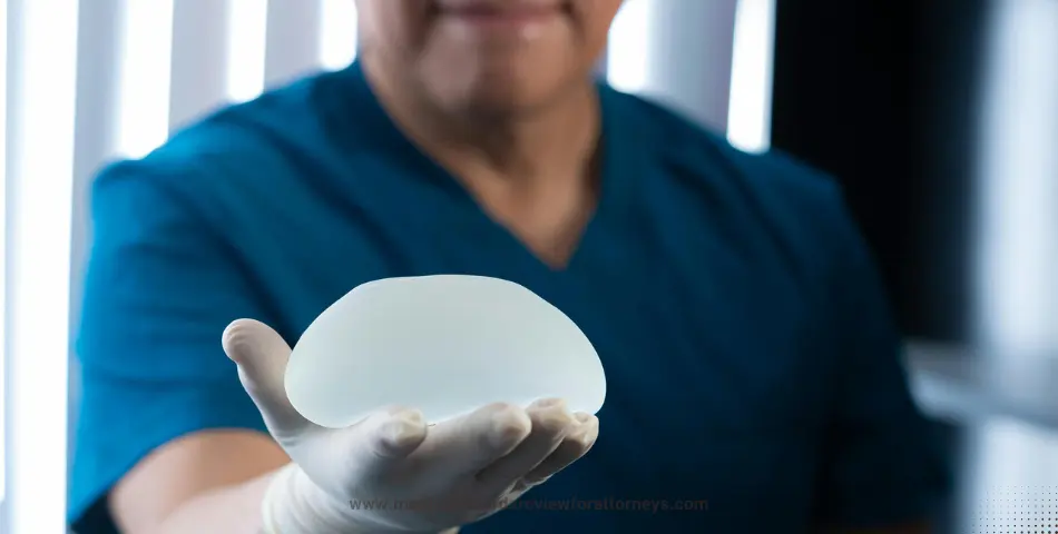 Medical professional in scrubs holding silicone breast implant in gloved hand, illustrating Allergan breast implant cases