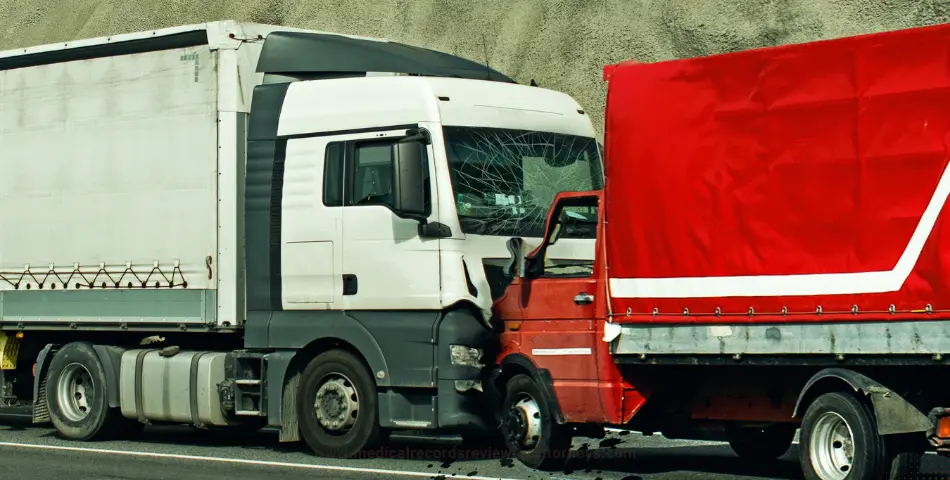 White and red trucks in a severe front-end collision on a road, representing auto accident cases and commercial vehicle injury claims
