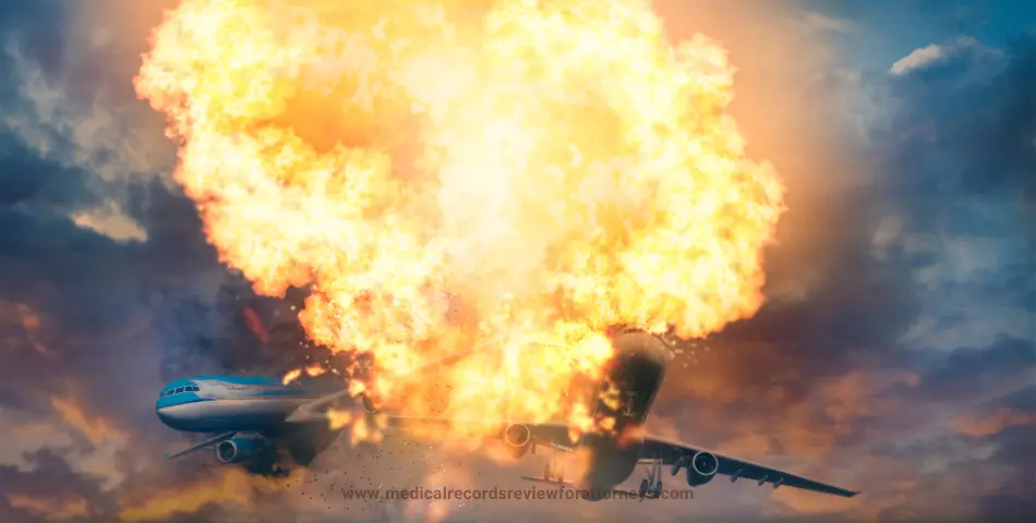 Commercial airplane engulfed in a massive explosion mid-flight, representing aviation accident lawyers and catastrophic injury claims