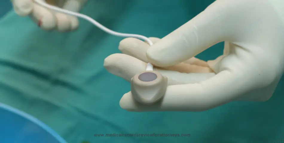 Gloved surgeon holding a implantable port device with catheter tube, representing the Bard PowerPort lawsuit and defective device claims