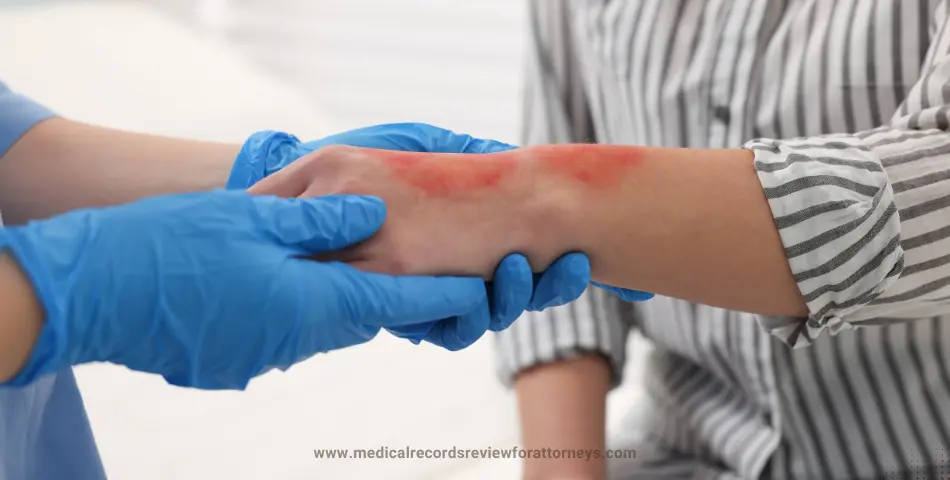 Gloved doctor examining a patient's red burn injury on the forearm, representing burn injuries and medical negligence legal claims