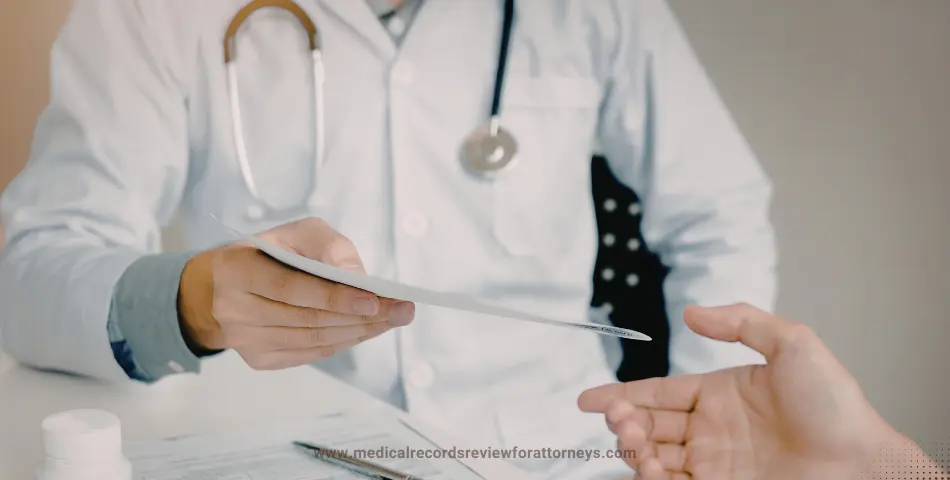 Medical practitioner handing health record document to patient in office, illustrating deposition transcript summaries