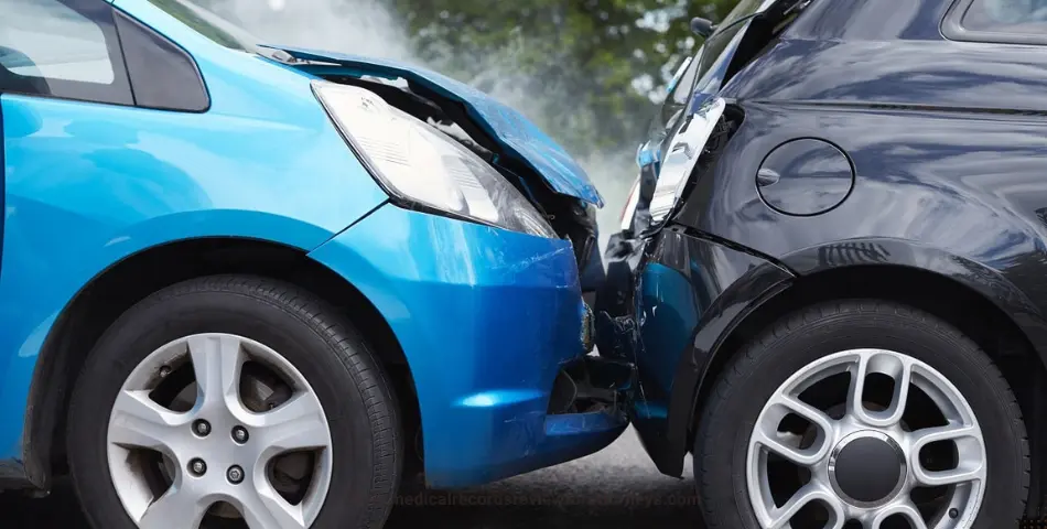 Blue car rear-ending a dark vehicle with front bumper damage, representing fender benders accidents and personal injury claims