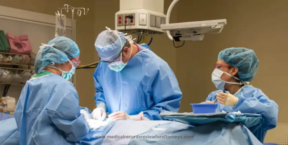 | Medical team performing surgery with instruments under operating lights, illustrating hernia repair lawsuit cases