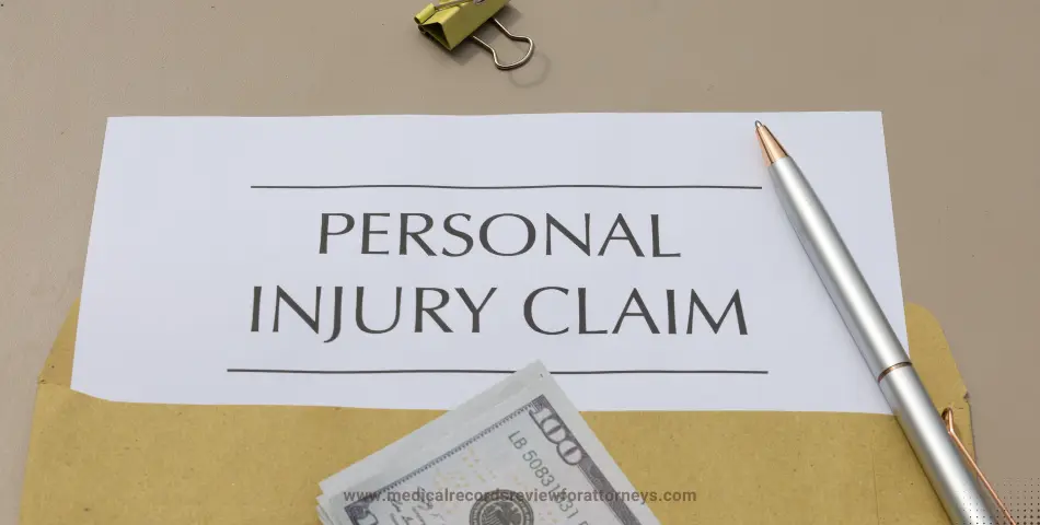 Personal injury claim document with cash and pen on an envelope, representing landscaping personal injury cases and compensation claims