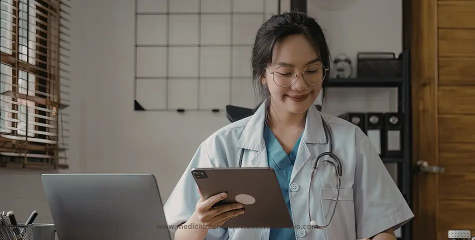 Smiling female doctor with glasses reviewing a tablet in a clinic, representing the role of medical records review for attorneys