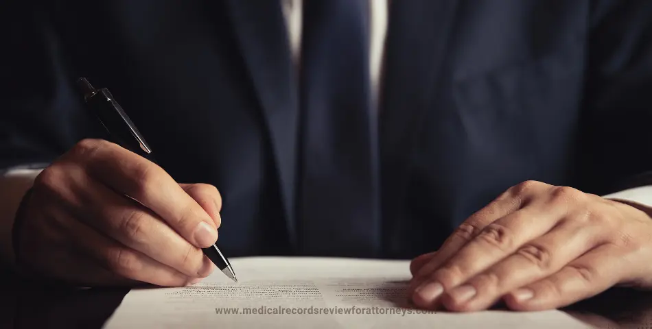 Attorney in a dark suit writing on legal documents at a desk, representing accurate page line deposition summary services for litigation