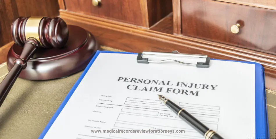 Personal injury claim form on a clipboard with a gavel and pen on a desk, representing personal injury settlements and legal compensation