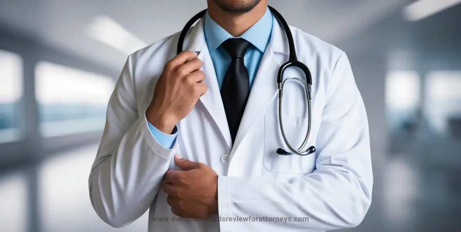 Medical professional in lab coat and tie with stethoscope indoors, representing medical expert