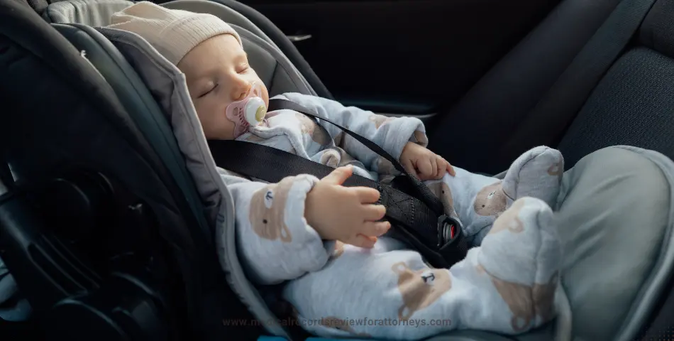 Young child secured in car seat with harness wearing bear-print outfit, illustrating children safety during travel