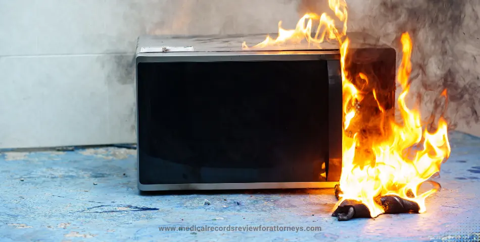 Microwave oven on blue countertop emitting flames near wall corner, illustrating defective product lawsuit cases