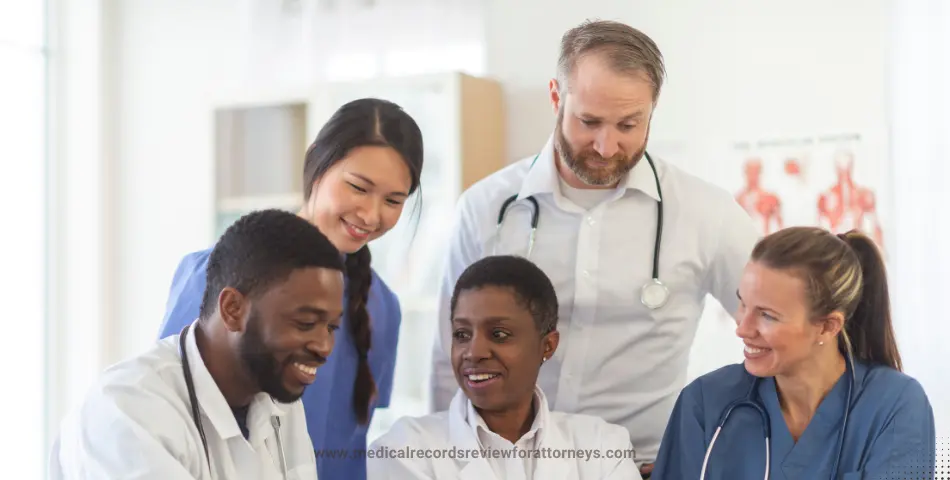 Team of doctors and nurses reviewing medical documents together in hospital room, illustrating expert medical opinion services