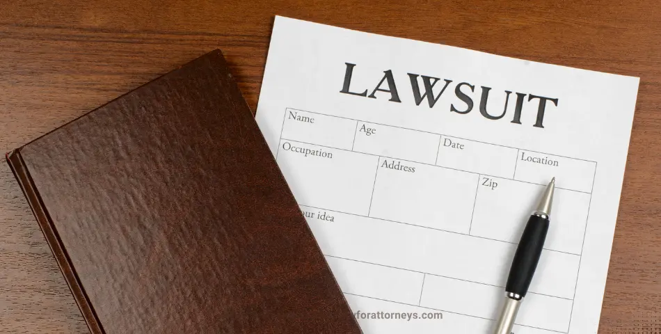 Close-up of lawsuit form with blank fields, pen, and leather notebook on wooden table, illustrating lawsuit settlements