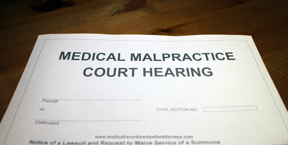 Medical malpractice court hearing form with fields for plaintiff, defendant, and case number, illustrating malpractice tort law