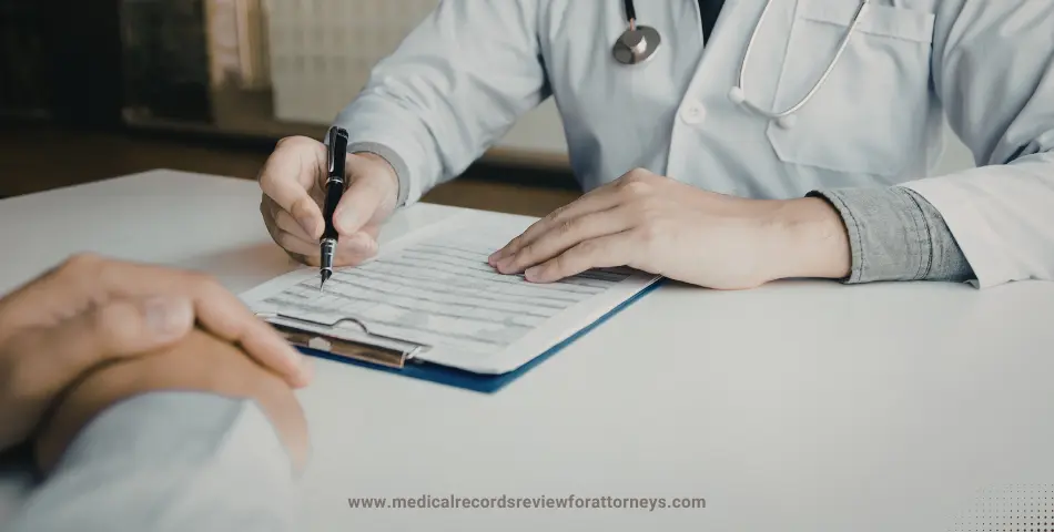 Medical practitioner documenting patient information on clipboard in office setting, illustrating medical chart review services