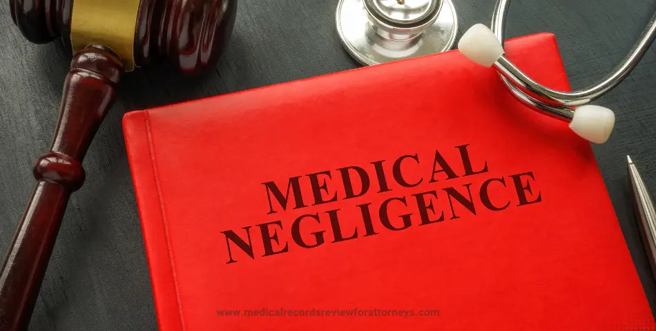 Red medical negligence book with judge's gavel and stethoscope on table, representing prove medical malpractice cases