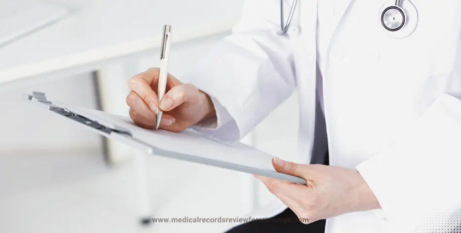 Physician writing notes on clipboard with stethoscope, illustrating medical summaries and chronologies