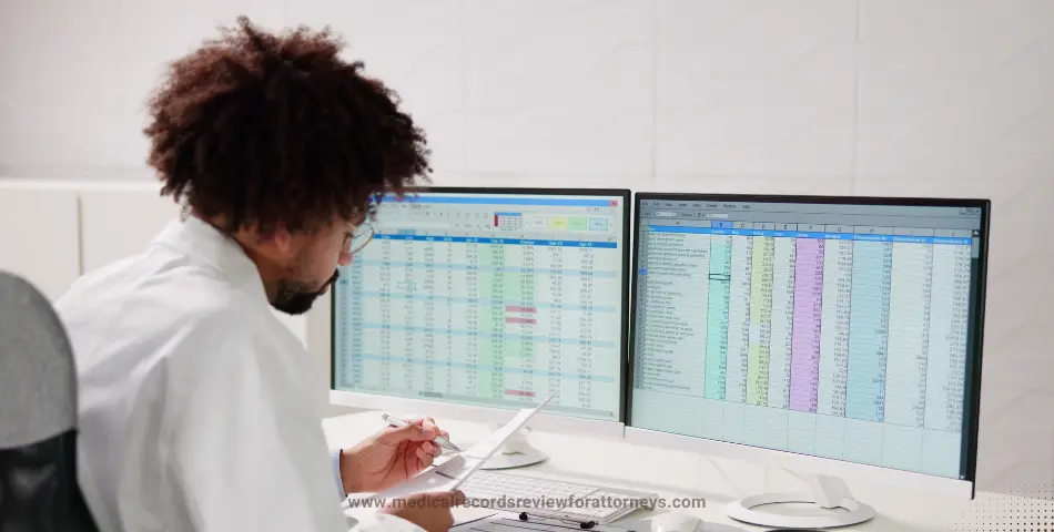 Organized data displayed on dual screens with person holding pen and notes, illustrating medical transcription outsourcing services
