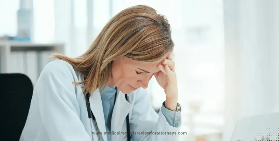 Stressed medical practitioner sitting at workspace in clinical setting, representing misdiagnosis compensation claim