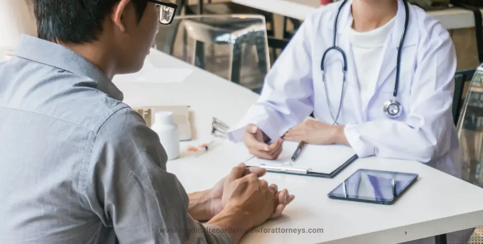Medical professional listening to paralegal in office with tablet and clipboard, illustrating paralegal medical chronology