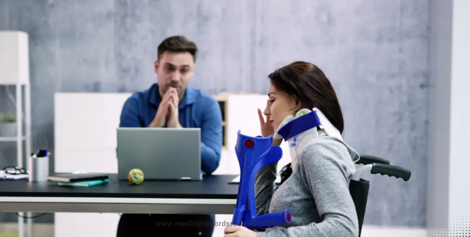 Injured woman with neck brace and crutch consulting legal expert in clinic, illustrating personal injury compensation