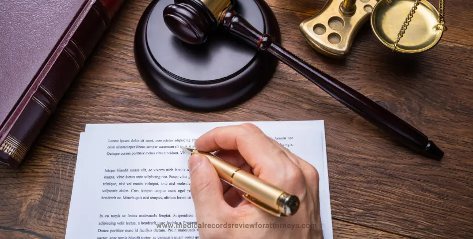 Hand holding pen over legal document with gavel, law book, and scales of justice on wooden table, illustrating sample demand letter