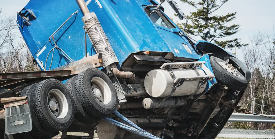 Semi-truck leaning sideways on highway shoulder near guardrail and trees, illustrating semi-truck brake failure