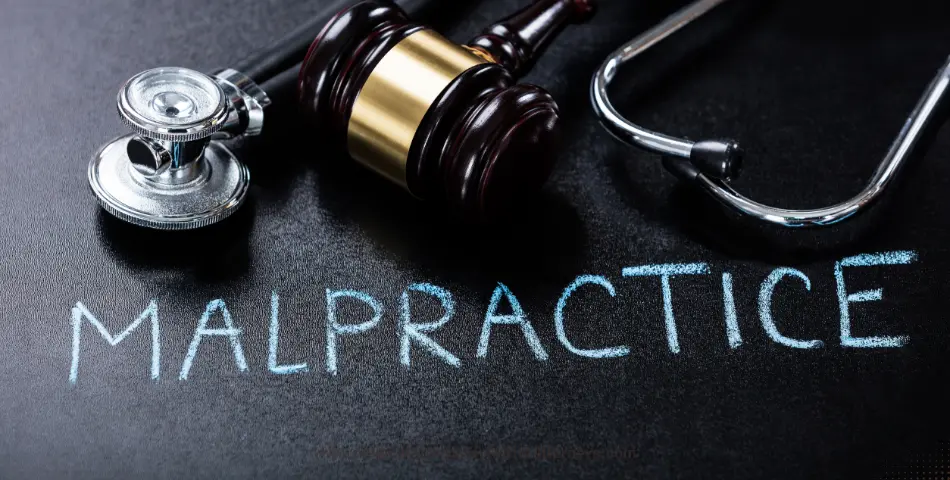 Stethoscope and judge’s gavel on blackboard with malpractice text representing cases of medical malpractice