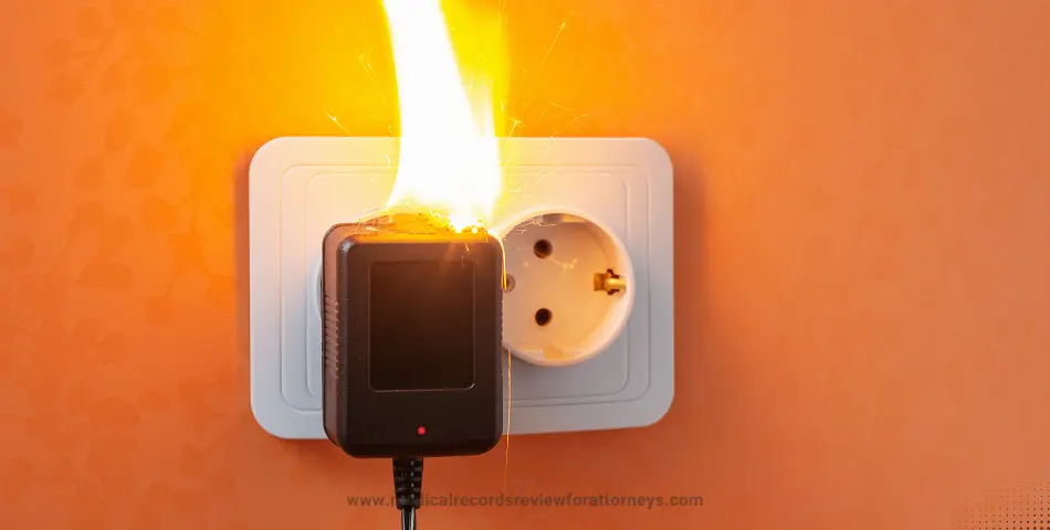 Electrical charger plugged into wall socket with flames and sparks, illustrating defective product law and fire hazard risk