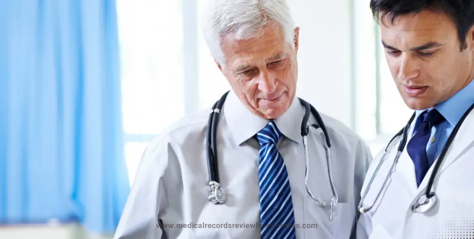Medical professionals in white coats discussing patient care in clinic room, representing second diagnosis consultation