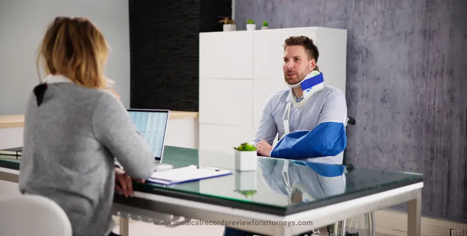 Man with neck brace and arm sling consulting in office representing injury claims and compensation