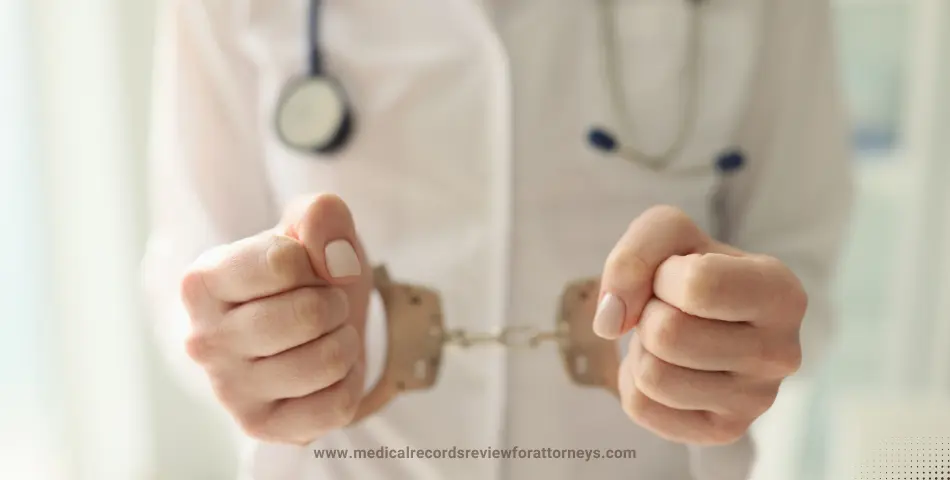 Doctor wearing handcuffs with stethoscope representing malpractice in healthcare