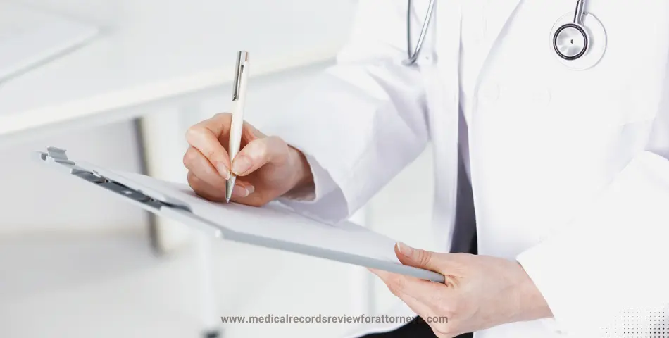 Medical professional documenting patient information on clipboard representing medical chronology reports
