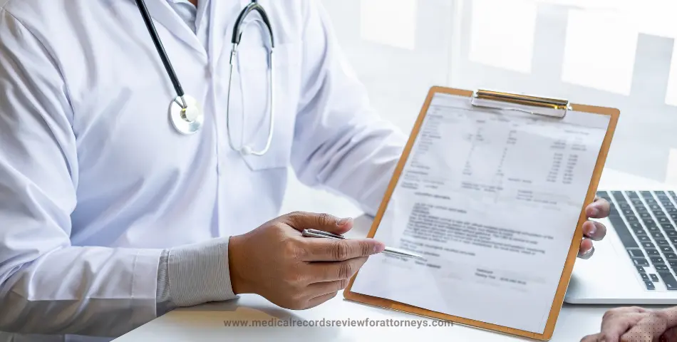 Physician explaining printed medical document to patient and highlighting key details, illustrating medical demand letters