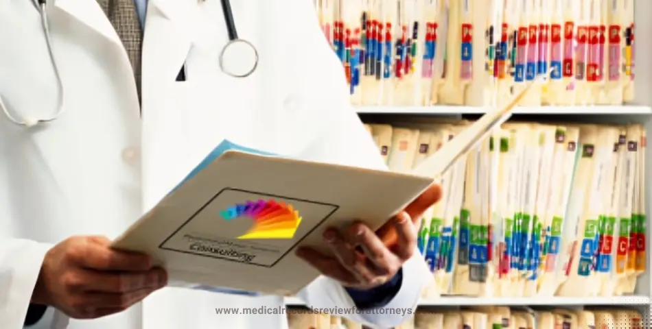 Healthcare professional reviewing patient chart with color-coded label and organized medical files, illustrating medical record indexing
