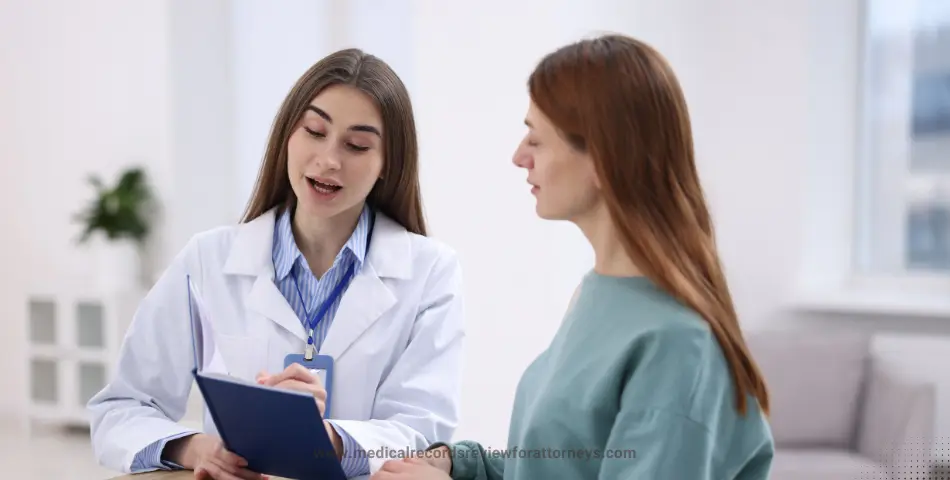 Female doctor consulting patient with clipboard representing medical reports of patients