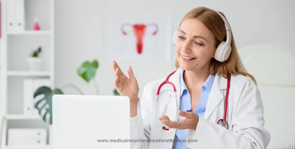Female doctor with headset conducting virtual consultation representing medical transcription services